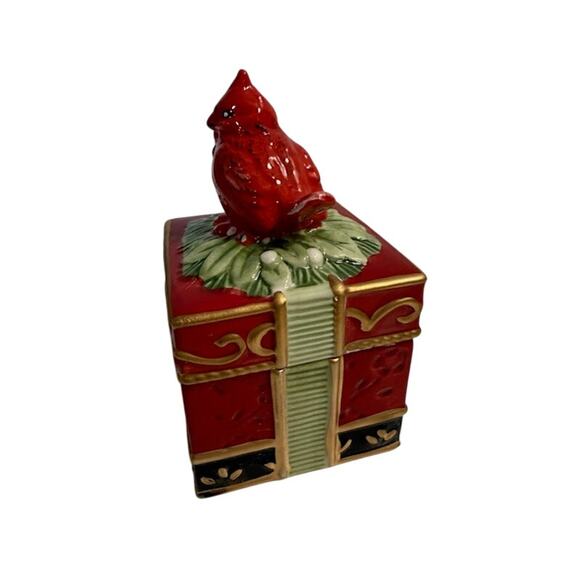 Fitz and floyd Winter Claus Red Cardinal Lidded Trinket Box, w/ Original Box - Picture 3 of 7